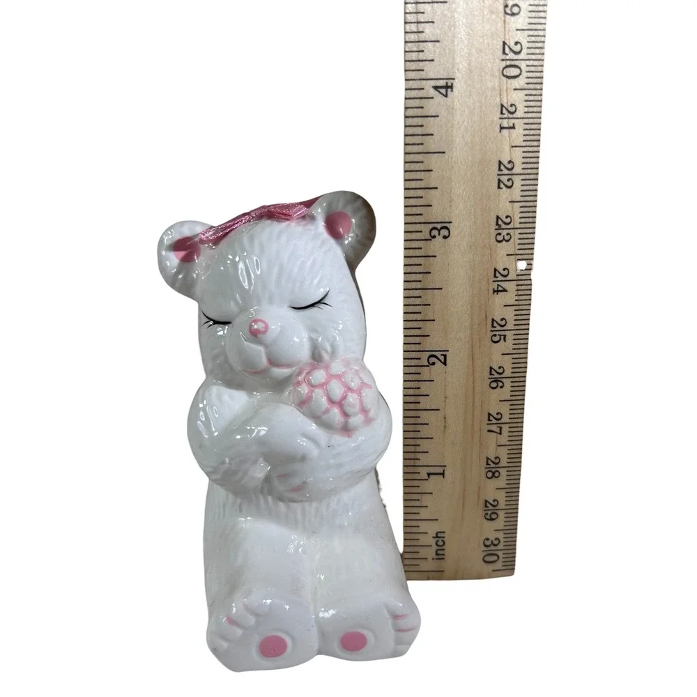 Loomco Original 1991 Ceramic Teddy Bear Pink Bow Holding Flowers Figurine RL722